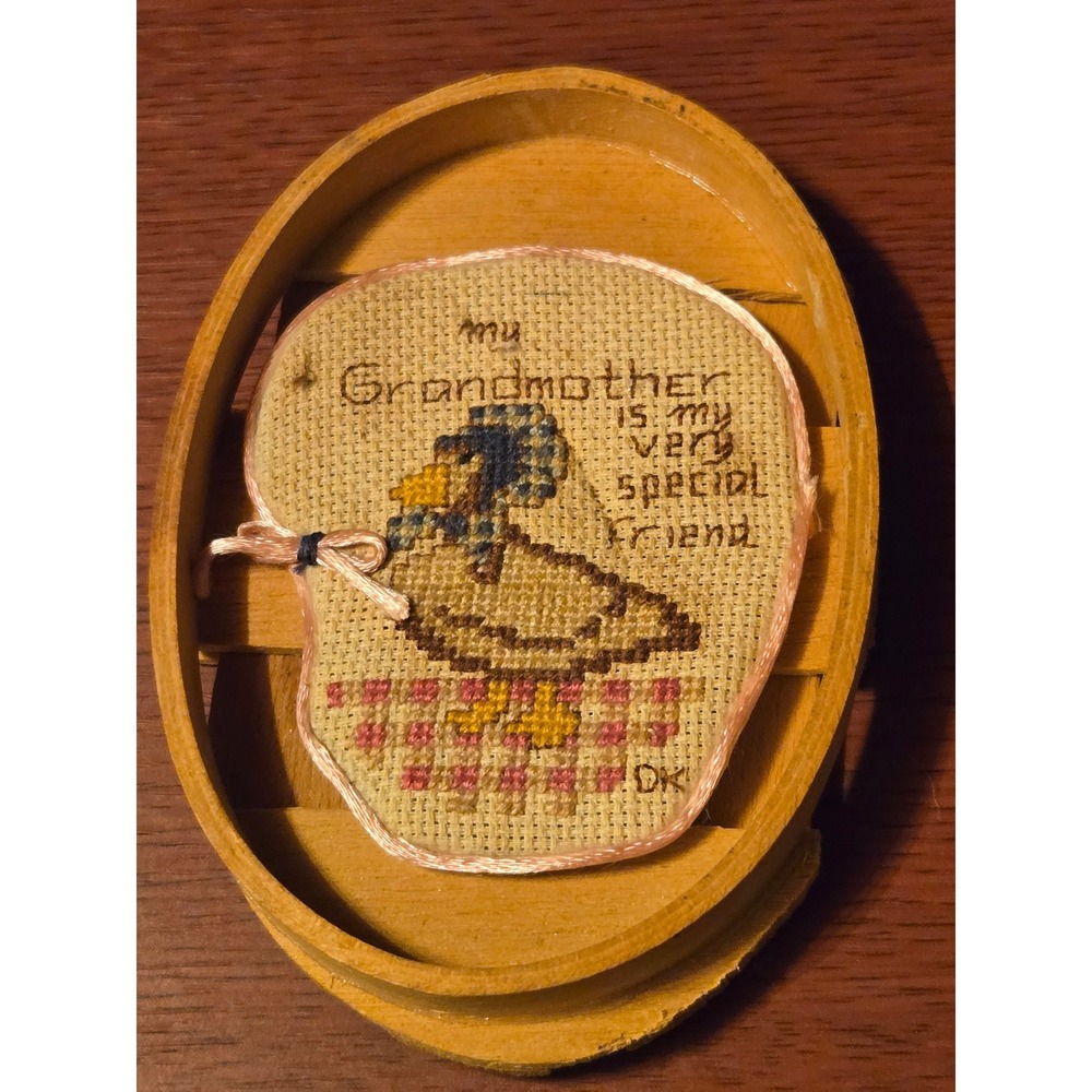 Vintage Handmade Grandmother Cross Stitch Goose Art in Oval Wooden Basket Frame
